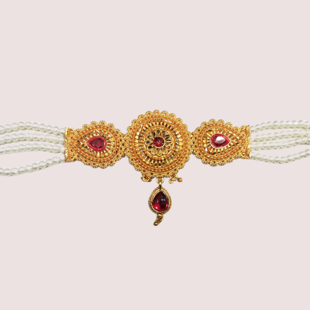 Handcrafted Brass Alloy Royal Ruby Pearl Choker Necklace